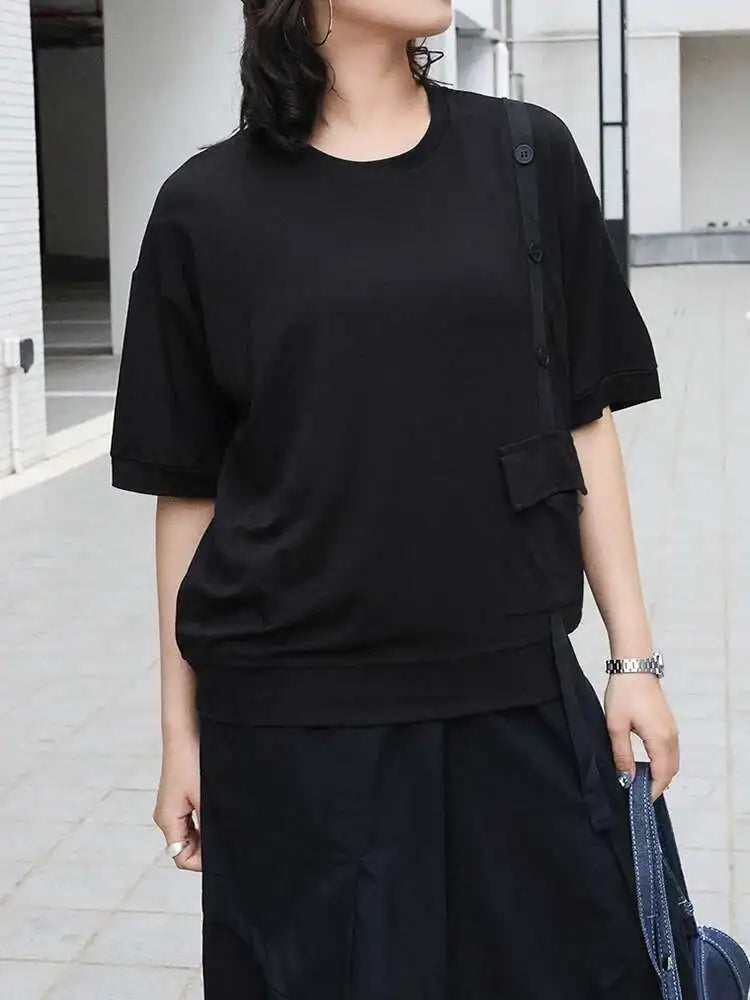 Women Black Irregular Button Pocket Big Size Casual T-shirt New Round Neck Short Sleeve Fashion Spring Summer 2025 1DJ0223