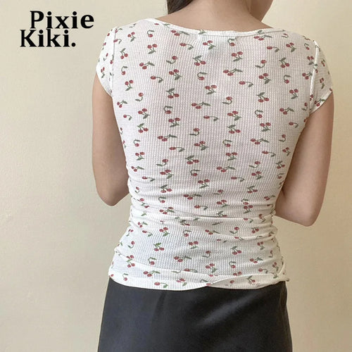 Load image into Gallery viewer, Cherry Floral Print Cute T Shirt for Girls Lace Trim Square Neck Short Sleeve Tops Women&#39;s Summer Clothes P67-AI19
