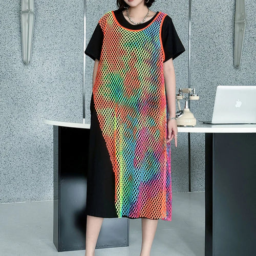 Load image into Gallery viewer, Women Green Colorful Spliced Big Size Midi Dress New Round Neck Short Sleeve Fashion Tide Spring Summer 2025 1DJ1155
