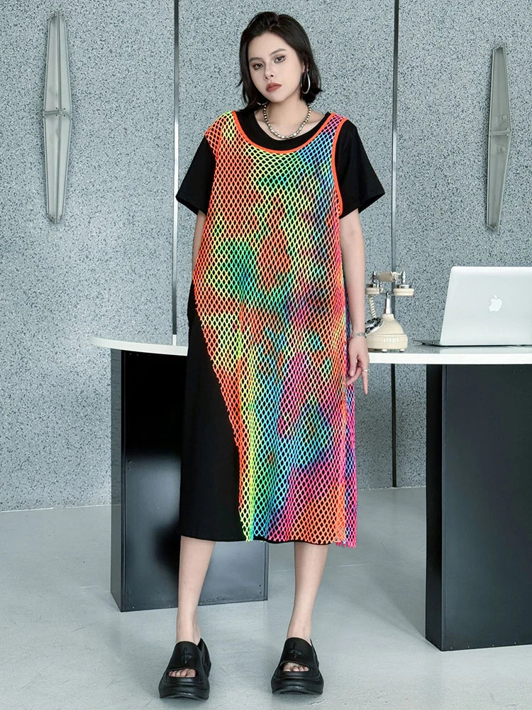 Women Green Colorful Spliced Big Size Midi Dress New Round Neck Short Sleeve Fashion Tide Spring Summer 2025 1DJ1155