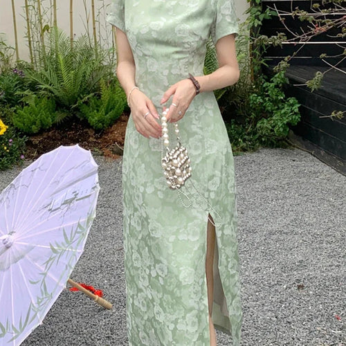 Load image into Gallery viewer, Summer Hollow Split Female Dress Chinese Style Cheongs Solid Color Slim Waist Printing Elegant Chic Women Maxi Dresses
