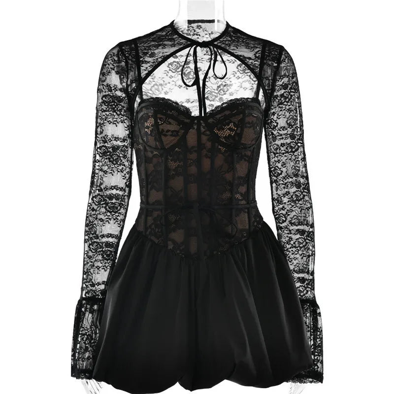 Black Lace Puffball Sexy Mini Dress For Women Fashion Lace-up Sheer Long Flare Sleeve High Waist Club Party Dress