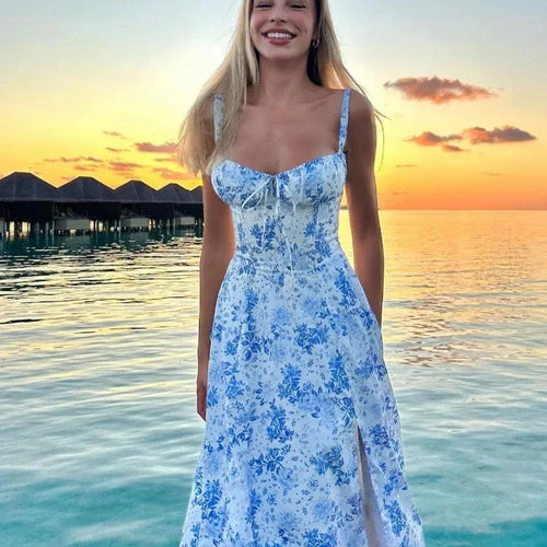 Load image into Gallery viewer, Women's Summer Floral Print Dresses Sweet Elegant Midi Holiday Dress Casual Slit Blue Lace Up Dresses 2023
