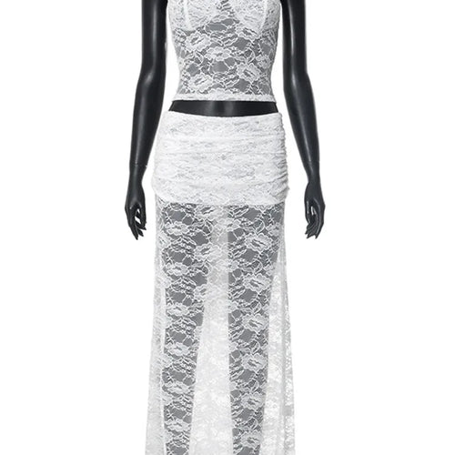 Load image into Gallery viewer, White Lace Sexy Two Piece Sets Woman Halter Top And Long Maxi Skirt Ladies Fashion Sheer Mesh Elegant Matching Sets
