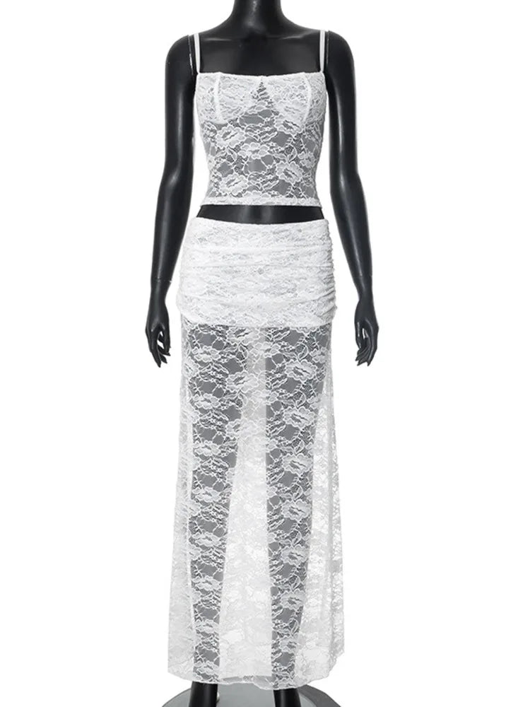 White Lace Sexy Two Piece Sets Woman Halter Top And Long Maxi Skirt Ladies Fashion Sheer Mesh Elegant Matching Sets