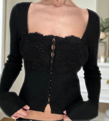 y2k Aesthetic Top Women Fairycore Clothes Lace Patchwork Square Neck Button Up Long Sleeve Crop T Shirt 2000s Clothing