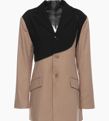 Women Khaki Irregular Contrast Color Big Size Blazer New Lapel Long Sleeve Jacket Fashion Tide Spring Autumn 2025 1DE2308