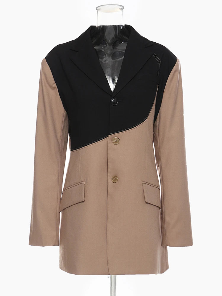 Women Khaki Irregular Contrast Color Big Size Blazer New Lapel Long Sleeve Jacket Fashion Tide Spring Autumn 2025 1DE2308