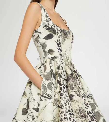 Slimming Printing Spliced Leopard Fashion Dresses for Women Square Neck Sleeveless High Waist Dress Female Clothing