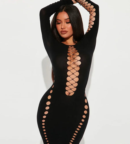 Black Hollow Out Sexy Mini Dress For Women 2023 Spring New O Neck Full Sleeve Bodycon Club Party Short Dress Vestido