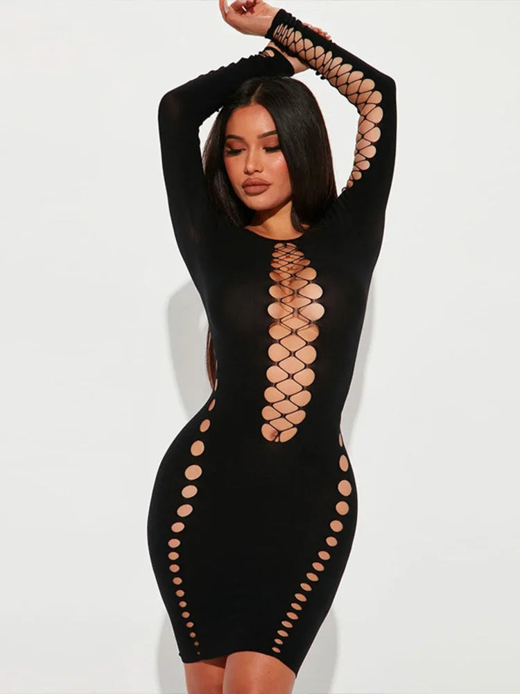 Black Hollow Out Sexy Mini Dress For Women 2023 Spring New O Neck Full Sleeve Bodycon Club Party Short Dress Vestido