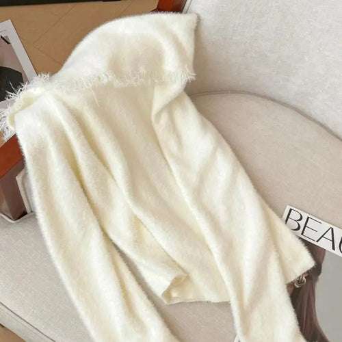 Load image into Gallery viewer, Korean Fashion Autumn Winter White Tassels Elegant Long Sleeves Knit Sweater Women's Office Pullover Short Tops Streetwear Trend
