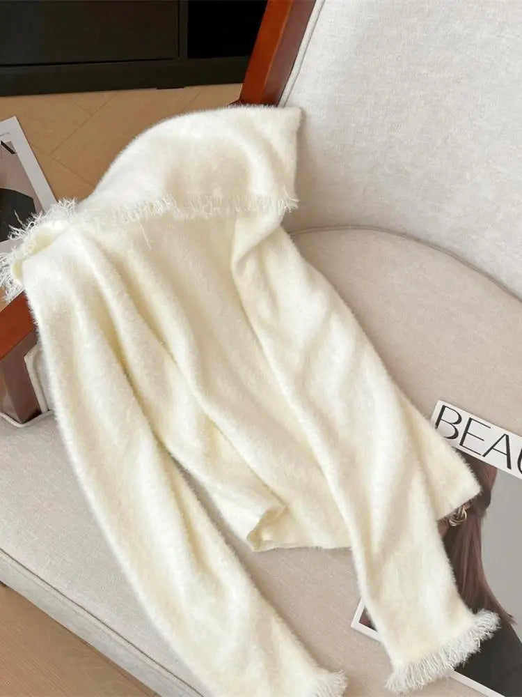 Korean Fashion Autumn Winter White Tassels Elegant Long Sleeves Knit Sweater Women's Office Pullover Short Tops Streetwear Trend