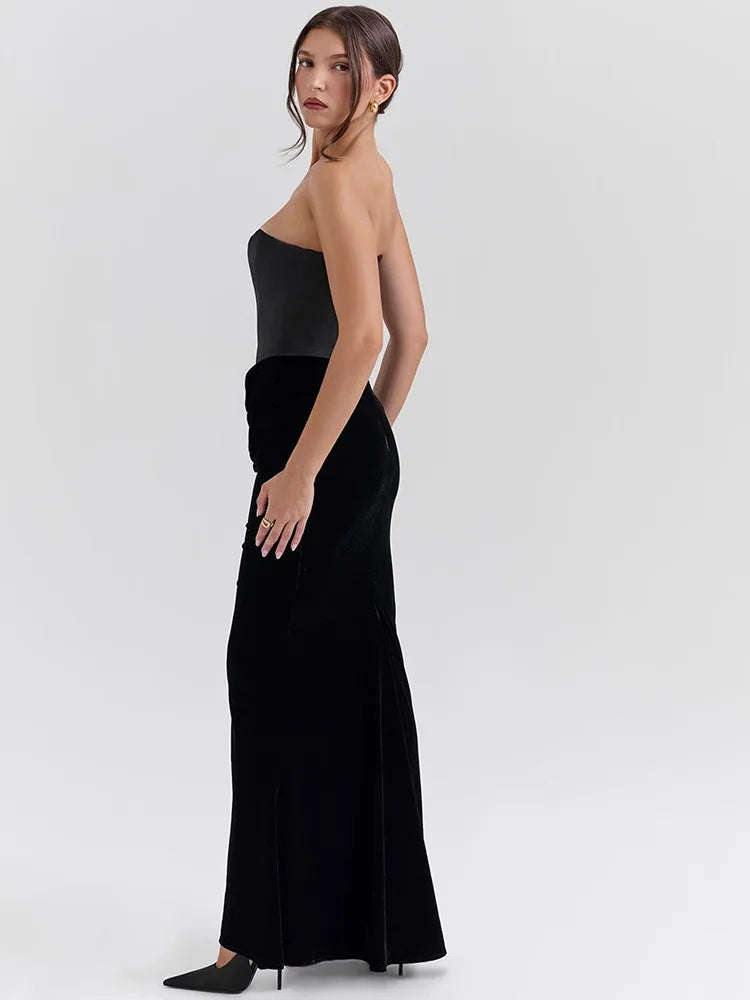 Sexy Strapless Bodycon Patchwork Backless Party Club Evening Dress Women Elegant Tight Long Dress Slim Fishbone Vestido