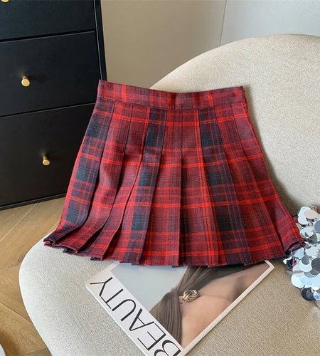 2024 New Women Fashion Vintage Academy Style Plaid Patchwork Pleated Short Skirt Sweet A-line High Waist Mini Skirts Versatile