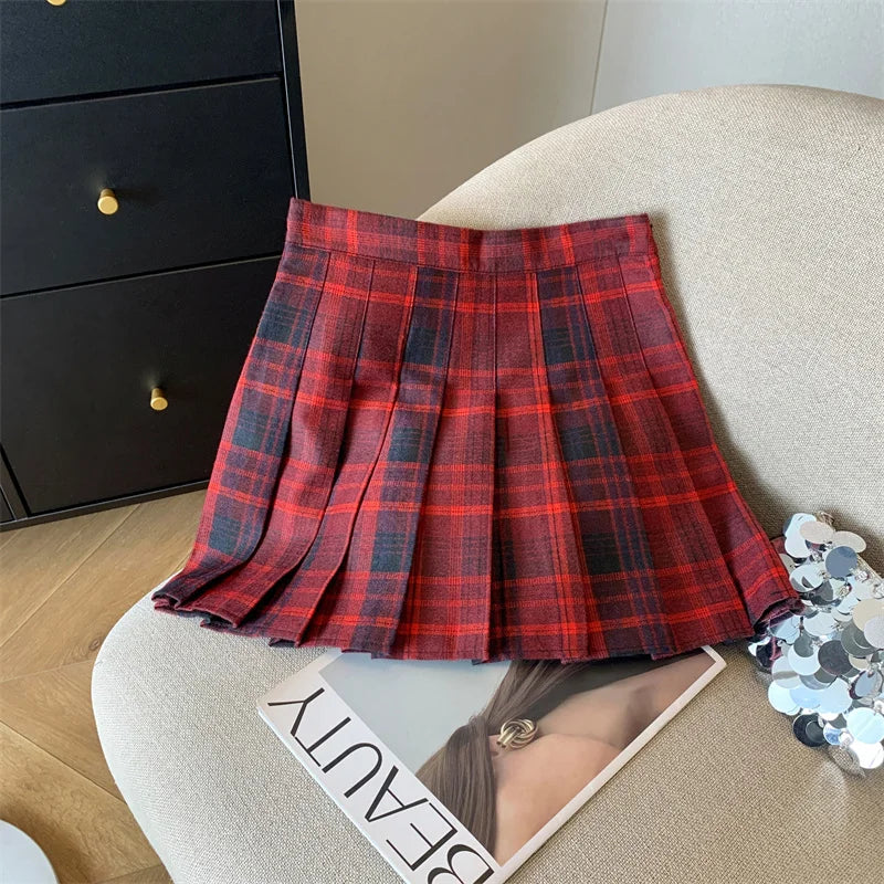 2024 New Women Fashion Vintage Academy Style Plaid Patchwork Pleated Short Skirt Sweet A-line High Waist Mini Skirts Versatile