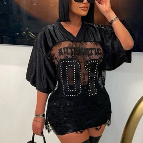 Load image into Gallery viewer, Loose Jacquard Letter Print T-Shirts Women V-Neck See Through Backless Short Sleeve Y2K Sexy Trend Streetwear Tops
