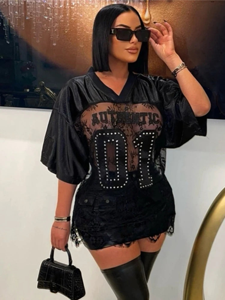 Loose Jacquard Letter Print T-Shirts Women V-Neck See Through Backless Short Sleeve Y2K Sexy Trend Streetwear Tops