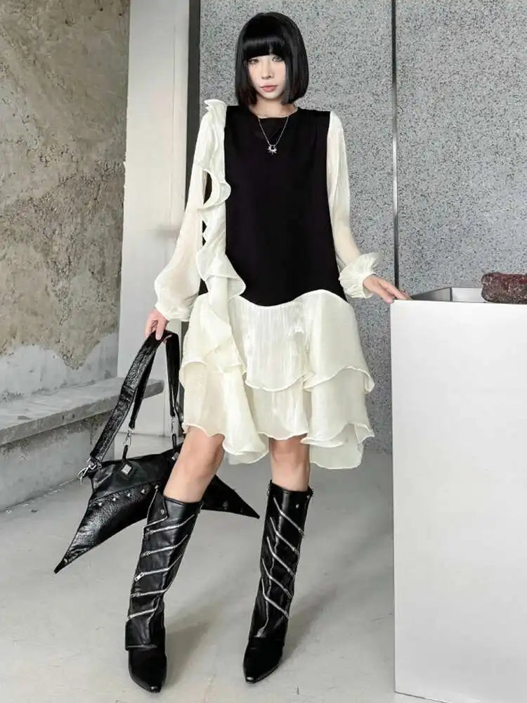 Women Black Ruffles Color-block Big Size Knee-Length Dress New Round Neck Long Sleeve Fashion Spring Autumn 2025 1DH7239