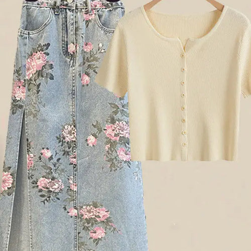 Load image into Gallery viewer, Women Summer Sweet Pink Print Skirts Two Pieces Set Korean Puff Sleeve Bandage Floral Top And Side Split Retro Denim Skirts Sets

