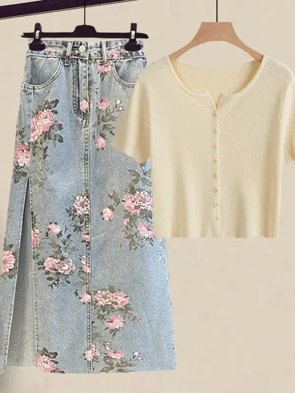 Women Summer Sweet Pink Print Skirts Two Pieces Set Korean Puff Sleeve Bandage Floral Top And Side Split Retro Denim Skirts Sets