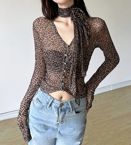 Leopard Tops Women Grunge Clothes See Through V Neck Long Sleeve Button T Shirts with Scarf y2k Clothing Streetwear