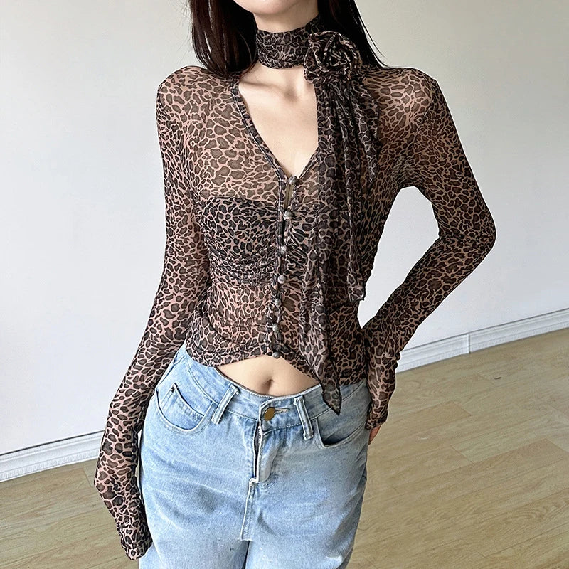 Leopard Tops Women Grunge Clothes See Through V Neck Long Sleeve Button T Shirts with Scarf y2k Clothing Streetwear