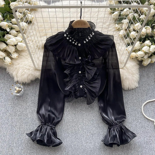 Load image into Gallery viewer, Korean Women Solid Elegant Ruffles Shirt Chic Long Sleeve Lace Ruffles Stand Collar Casual Loose Blouses Tops Autumn Vintage Y2k
