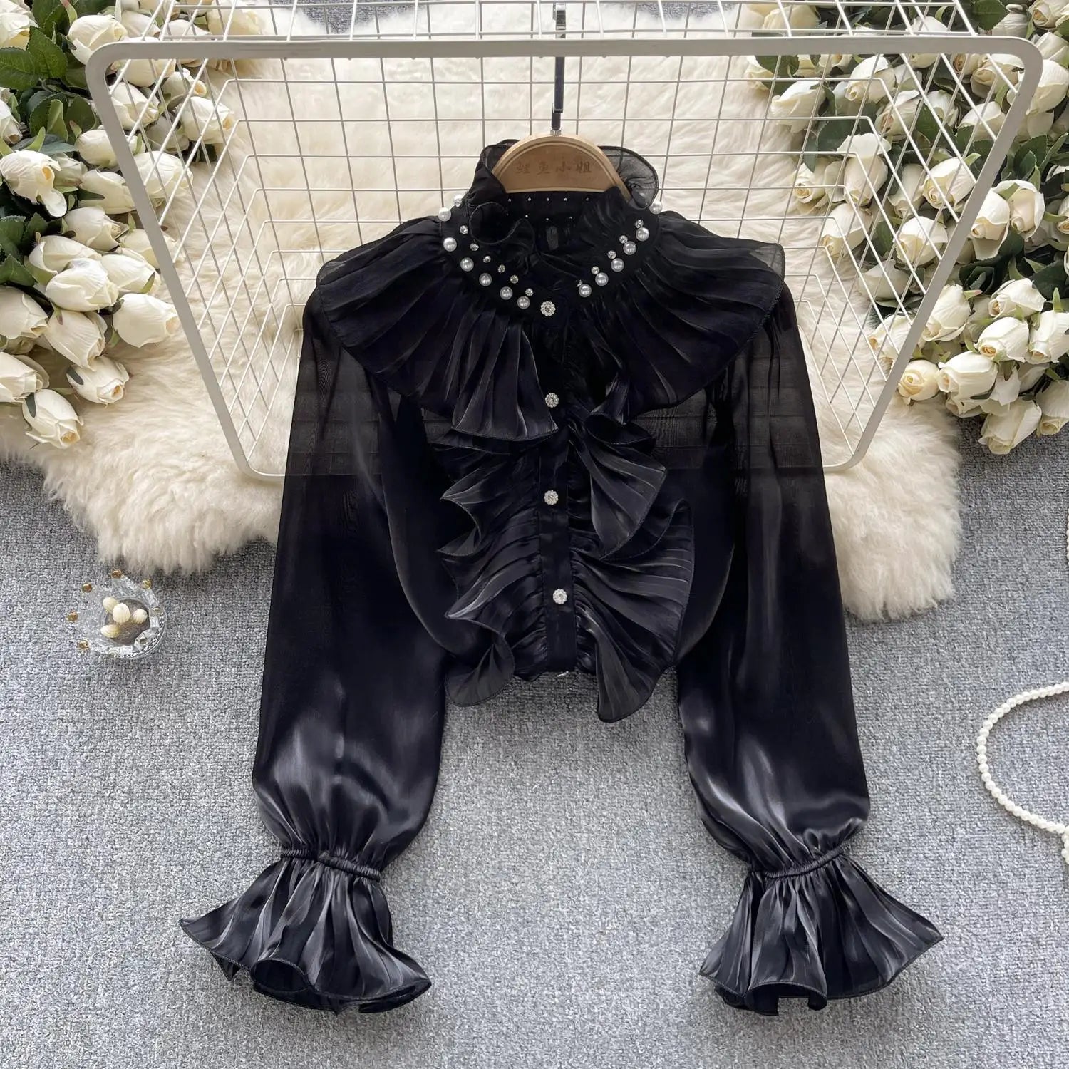 Korean Women Solid Elegant Ruffles Shirt Chic Long Sleeve Lace Ruffles Stand Collar Casual Loose Blouses Tops Autumn Vintage Y2k