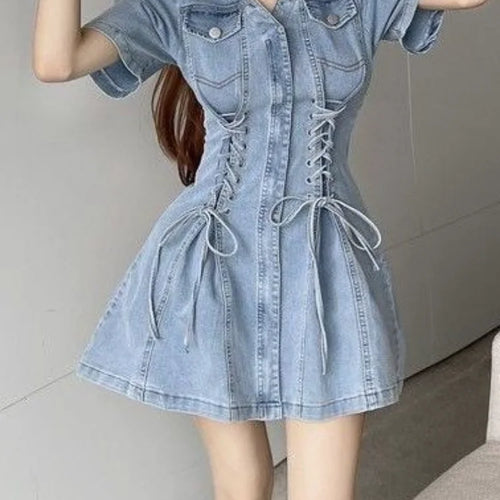 Load image into Gallery viewer, Denim Bandage Dress Women Korean Fashion Kpop Streetwear Mini Short Dresses Wrap
