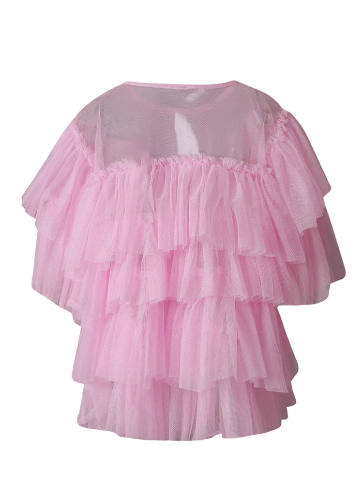 Mesh T-shirt Cake Half-body Skirt Two Pieces Suit New Round Neck Short Sleeve Women Fashion Spring Summer 2025 CPG3209