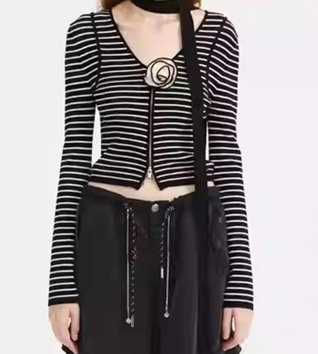 Hit Color Striped Spliced 3D Flower Cardigan for Women V Neck Long Sleeves Patchwork Zipper Elegant Cardigan Female