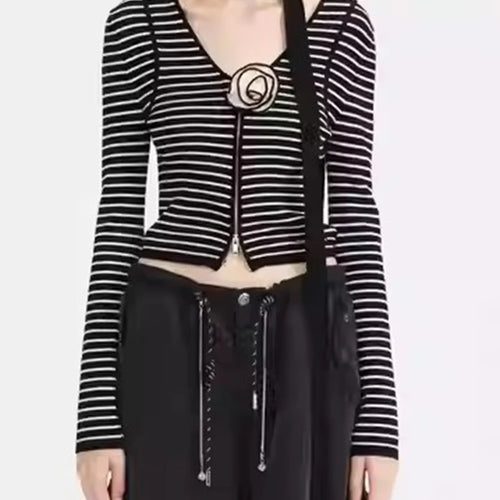 Load image into Gallery viewer, Hit Color Striped Spliced 3D Flower Cardigan for Women V Neck Long Sleeves Patchwork Zipper Elegant Cardigan Female
