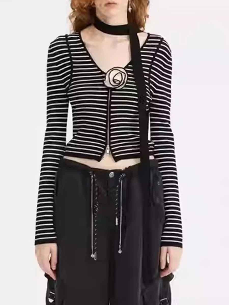 Hit Color Striped Spliced 3D Flower Cardigan for Women V Neck Long Sleeves Patchwork Zipper Elegant Cardigan Female