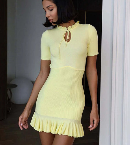 Summer Short Sleeve Ruffle Mini Dress Women Sweater Pullover Elegant Fashion Hollow Out Ribbed Slim High Waist Dress