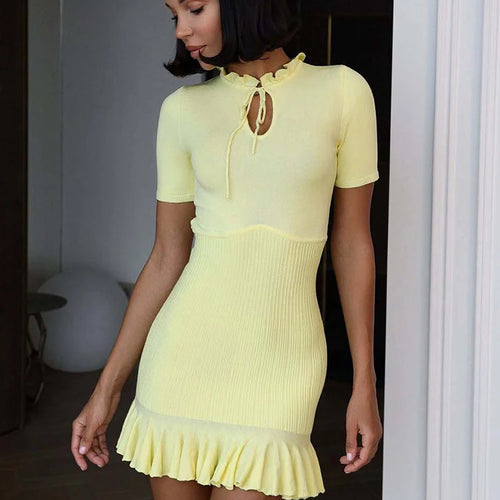 Load image into Gallery viewer, Summer Short Sleeve Ruffle Mini Dress Women Sweater Pullover Elegant Fashion Hollow Out Ribbed Slim High Waist Dress
