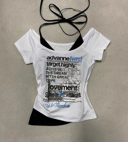 Streetwear Fake Two Pieces Halter Bandage Women T-shirt Harajuku Letter Printing Crop Tops Y2k Aesthetic Bodycon Grunge Tees