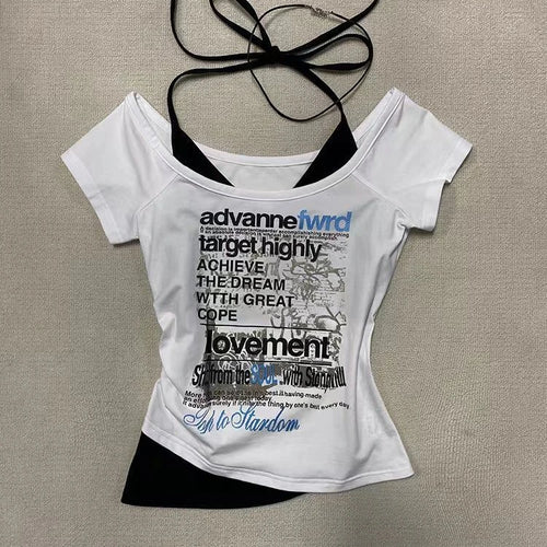 Load image into Gallery viewer, Streetwear Fake Two Pieces Halter Bandage Women T-shirt Harajuku Letter Printing Crop Tops Y2k Aesthetic Bodycon Grunge Tees
