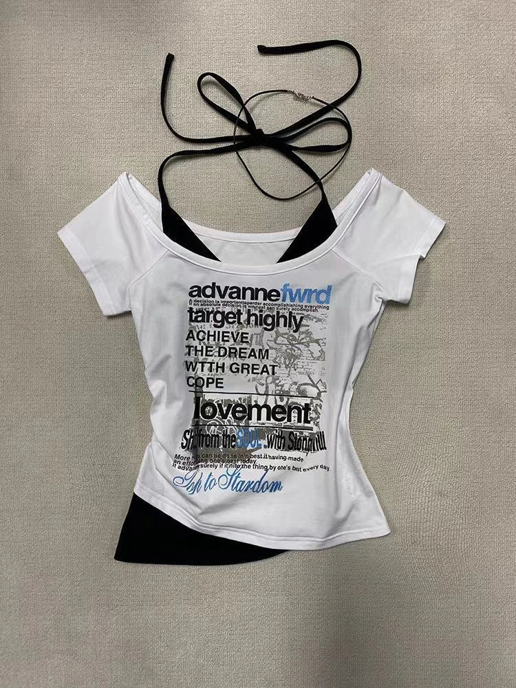 Streetwear Fake Two Pieces Halter Bandage Women T-shirt Harajuku Letter Printing Crop Tops Y2k Aesthetic Bodycon Grunge Tees
