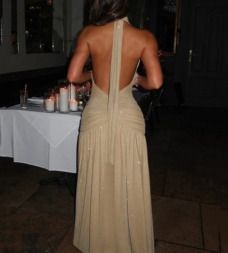 Glitter Deep V Neck Sexy Maxi Dress For Women 2025 Fashion Sparkle Halter Sleeveless Backless Split Club Long Dress