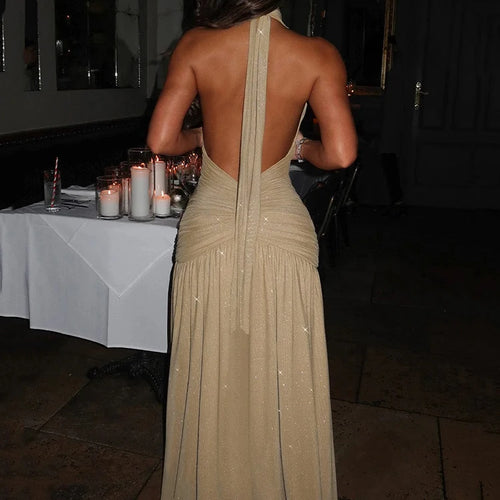 Load image into Gallery viewer, Glitter Deep V Neck Sexy Maxi Dress For Women 2025 Fashion Sparkle Halter Sleeveless Backless Split Club Long Dress
