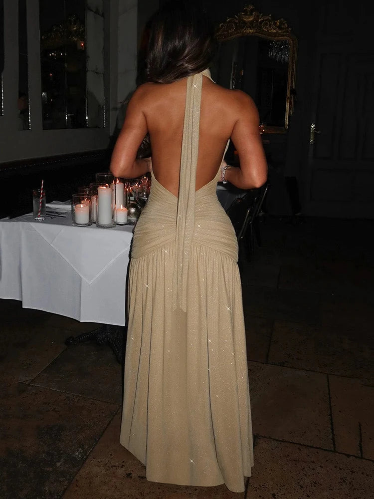 Glitter Deep V Neck Sexy Maxi Dress For Women 2025 Fashion Sparkle Halter Sleeveless Backless Split Club Long Dress