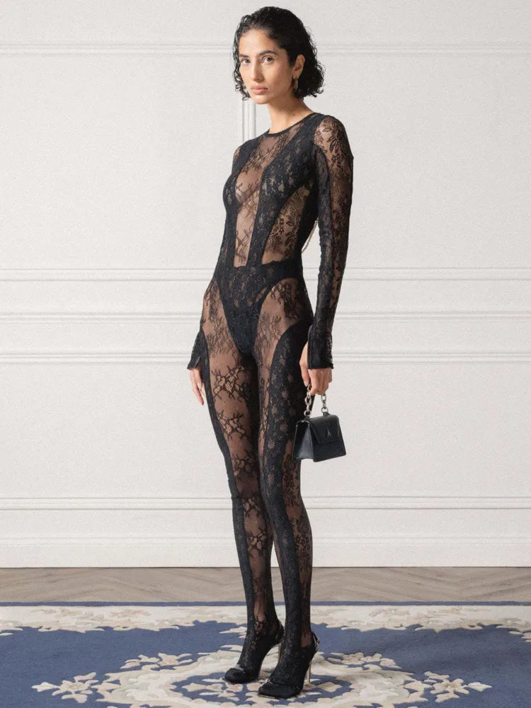Sexy Lace Patchwork Long Sleeved See Through Women Jumpsuit Tight Backless Autumn Winter New 2024 Female Party Clothing