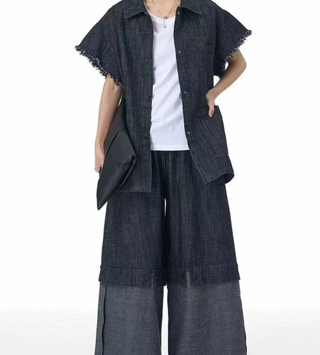 Women Black Denim Pockets Burr Big Size Vintage Blouse New Lapel Short Sleeve Shirt Fashion Spring Autumn 2025 1DJ0464