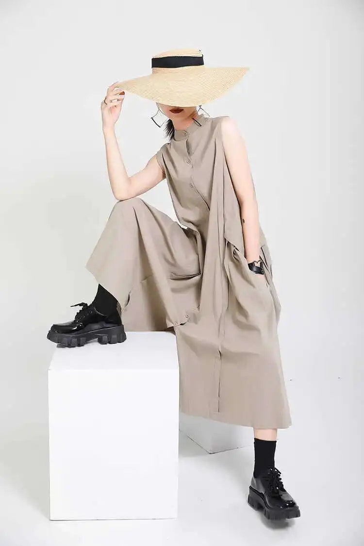 Women Khaki Split Pleated Long  Dress New Stand Collar Sleeveless Loose Fit Fashion Tide Spring Summer 2025 1Y353