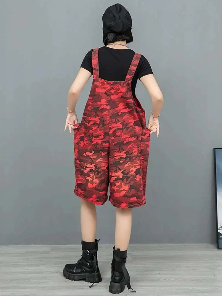 High Waist Red Camouflage Big Size Long Overalls Wide Leg Jeans New Women Trousers Fashion Tide Spring Autumn 2025 1DH9905