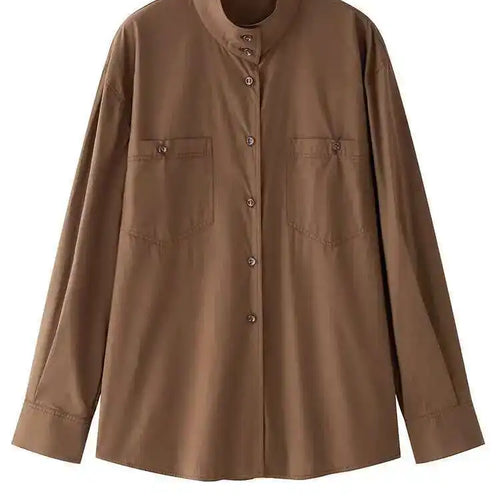 Load image into Gallery viewer, Women Brown Brief Belted Big Size Elegant Blouse New Stand Collar Long Sleeve Shirt Fashion Spring Autumn 2025 1DH9983
