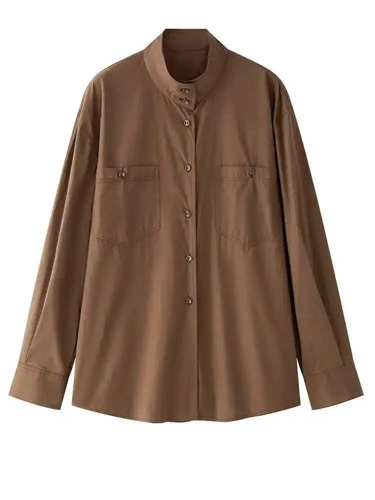 Women Brown Brief Belted Big Size Elegant Blouse New Stand Collar Long Sleeve Shirt Fashion Spring Autumn 2025 1DH9983