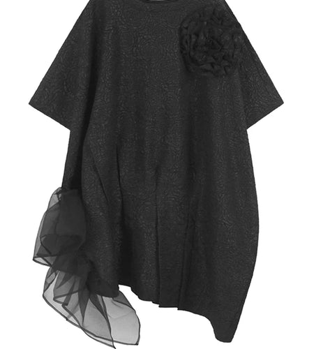 Women Black Three-dimensional Flower Big Size Midi Dress New Round Neck Half Sleeve Fashion Spring Autumn 2025  1DJ1104