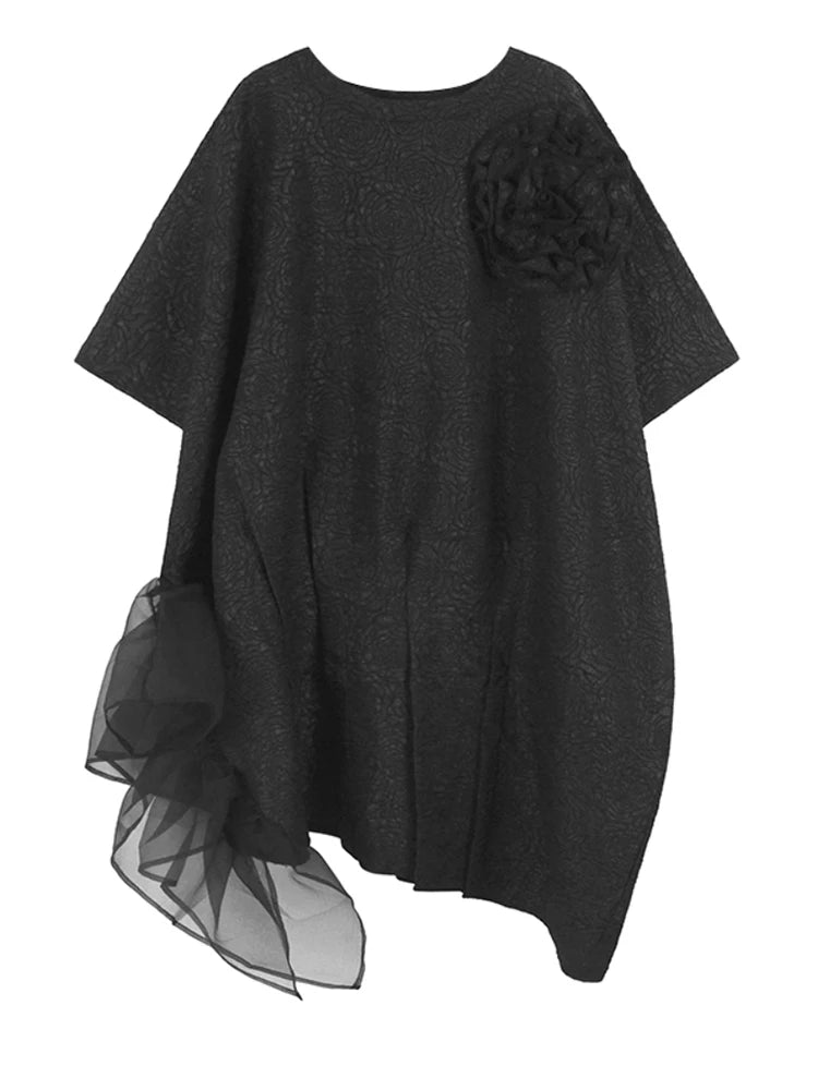 Women Black Three-dimensional Flower Big Size Midi Dress New Round Neck Half Sleeve Fashion Spring Autumn 2025  1DJ1104